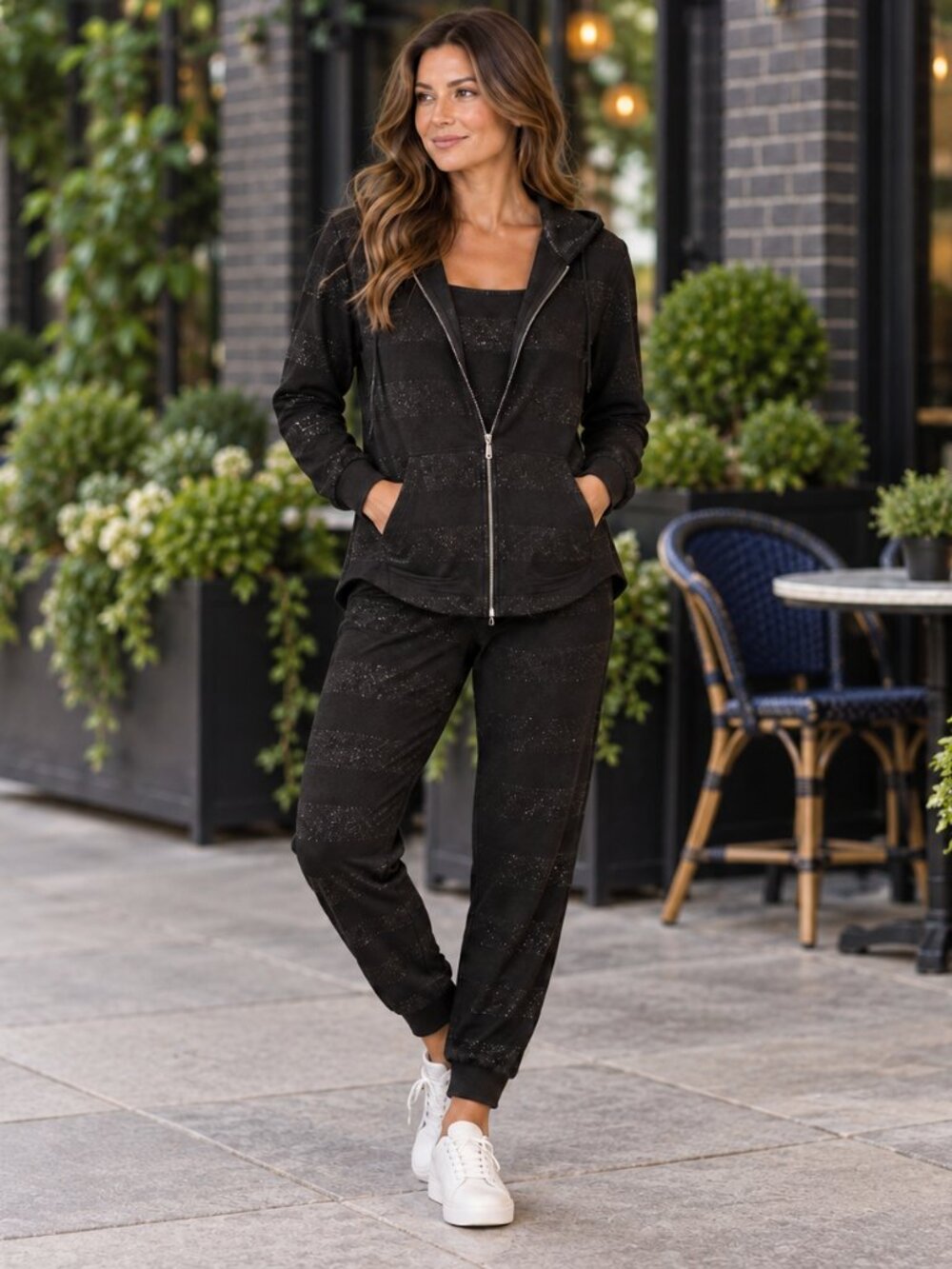 NWT Hale Bob Black Metallic Stripe Hoodie Jogger Set M